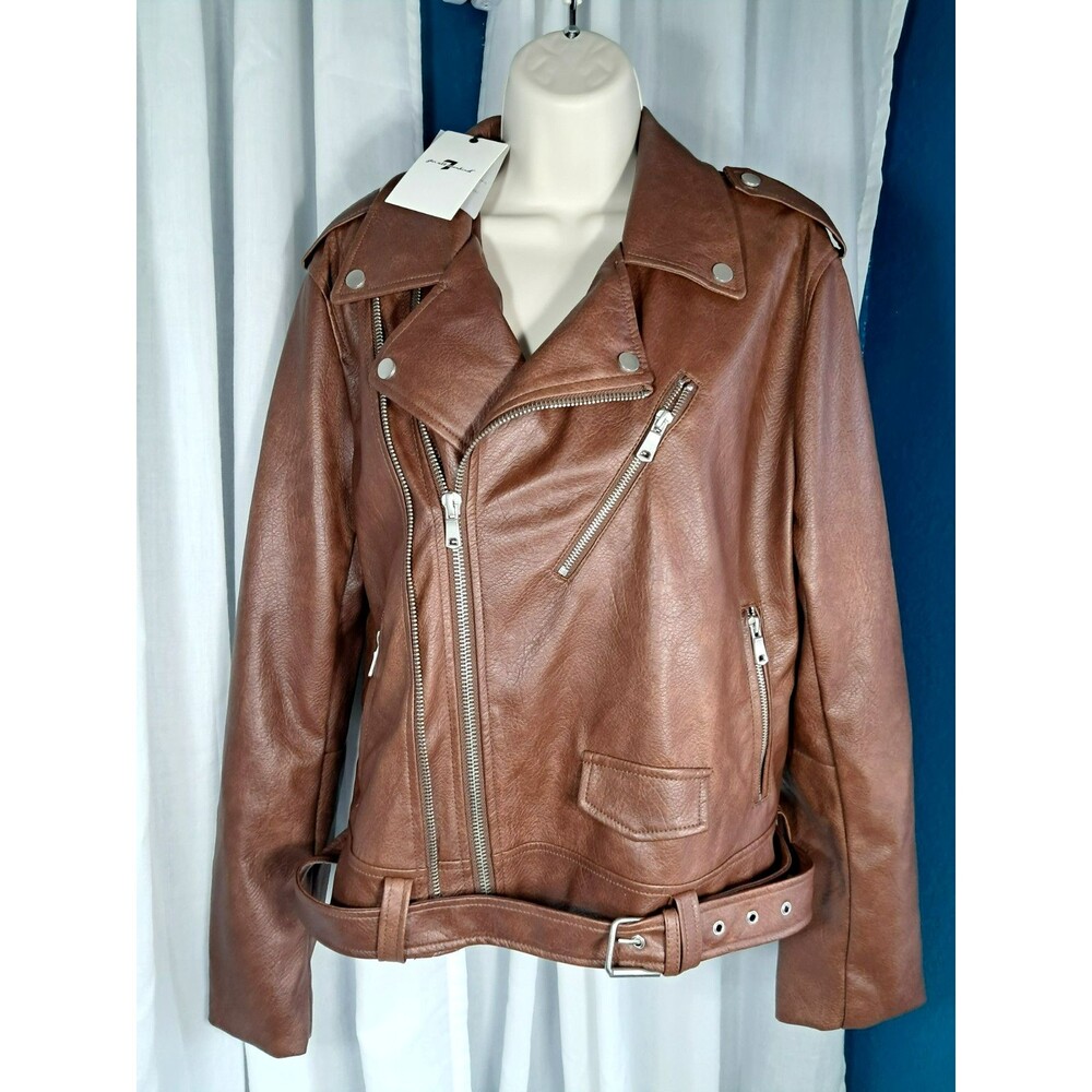 NWT 7 For All Mankind Camel Brown Faux Leather Motto Biker Jacket Large